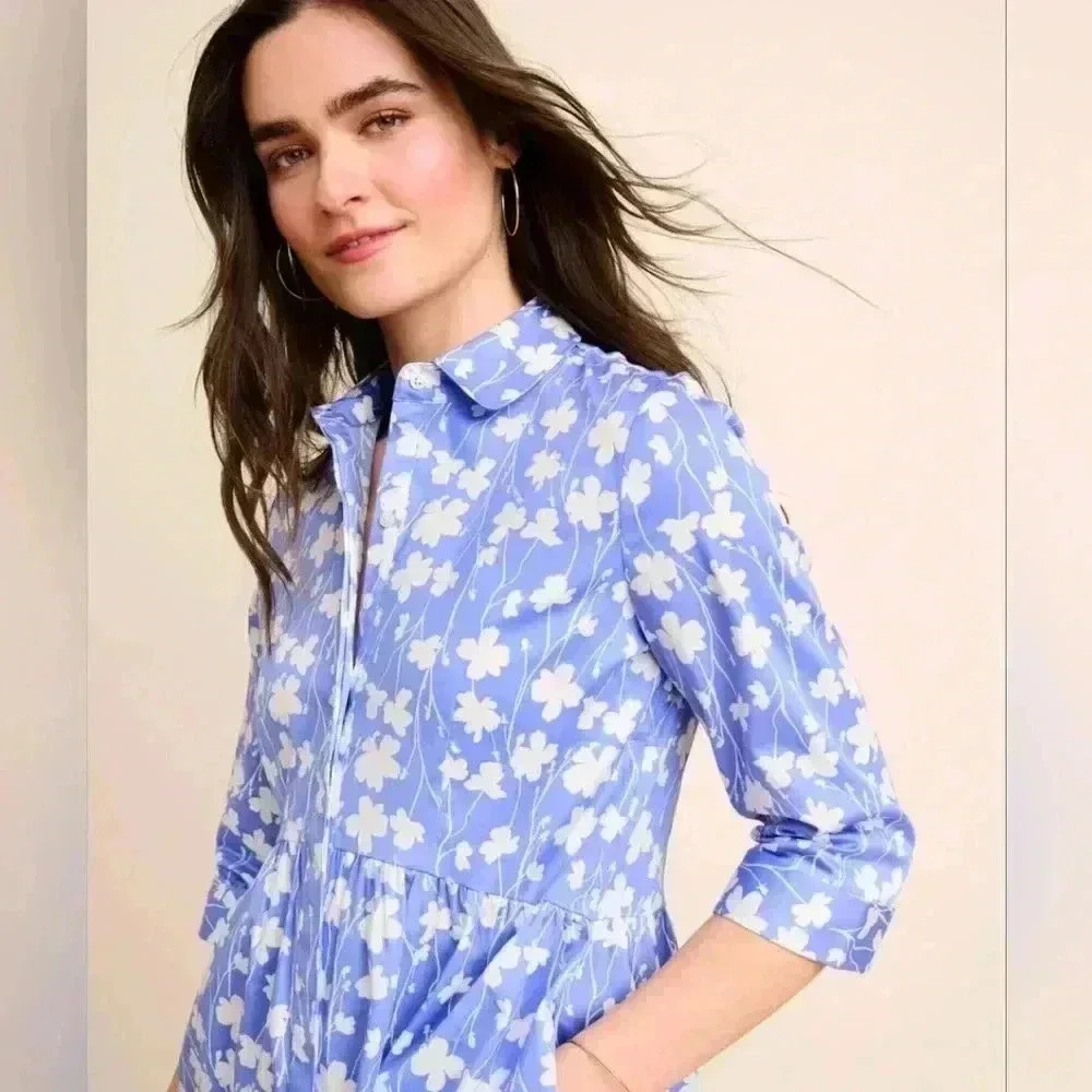 UNTUCKit Stretch Cotton Demi Shirt Dress Blue White Floral Size XS Women's - Picture 2 of 11